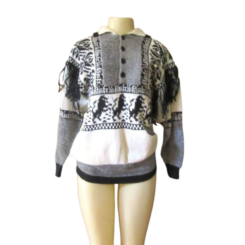 Vintage Oleg Cassini Black/White Sweater w Leather Trim Size Small